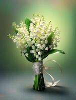 Lily of the valley wedding bouquet flower on blurred window background. AI Generated photo