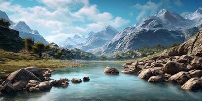 Mountain, river and sky copy space background. photo