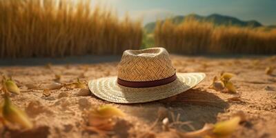 Paja sombrero en playa arena fiesta antecedentes. ai generado foto