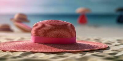 Pink straw hat on beach sand holiday background. AI Generated photo