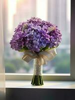 Heliotrope flower bridal bouquet blurred background. AI Generated photo