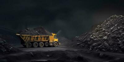 Dumptruck carries coal piles, mining activity. AI generated photo