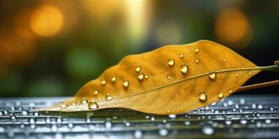 Waterdrop on leaf copy space blurred background, AI Generated photo