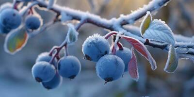 Ice storm trees and berry fruit freeze in winter, AI Generated photo