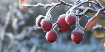 Ice storm trees and red fruit freeze in winter, AI Generated photo