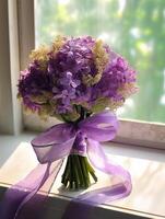 Heliotrope flower bridal bouquet blurred background. AI Generated photo