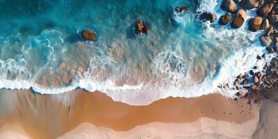 Natural scenery of white sand beaches and sea waves, AI generated photo