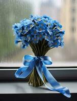 Forget me not flower wedding bouquet blurred background. AI Generated photo