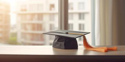 University graduation cap and book background, AI Generated photo