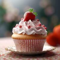 Cup cake strawberry dessert party food, AI Generated photo