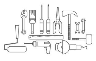 Collection of carpentry tool icons in line art style isolated white background vector