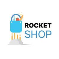 An abstract logo of a rocket shop is isolated on a white background. Basket logo design with grocery items flying like rockets vector