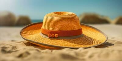 Paja sombrero en playa arena fiesta antecedentes. ai generado foto