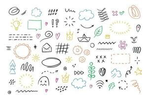 Hand drawn simple elements set. Sketch underlines, icons, emphasis, speech bubbles, arrows and shapes. Vector illustration isolated on white background.