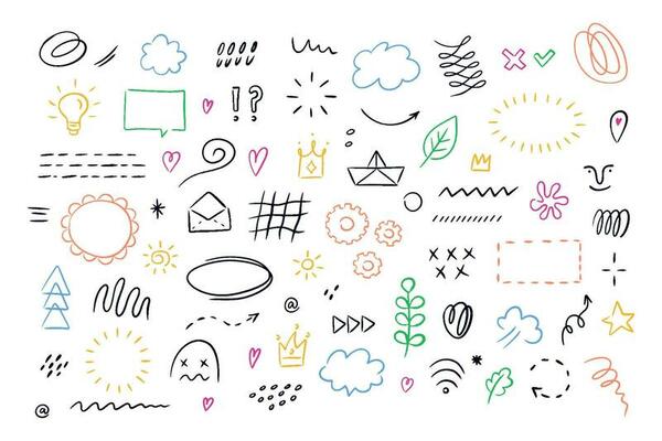 Hand drawn simple elements set. Sketch underlines, icons, emphasis, speech bubbles, arrows and shapes. Vector illustration isolated on white background.
