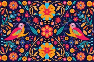 colorful mexican background with flowers and birds flat design vector illustration