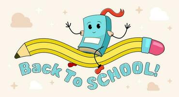 Back to School banner with wavy pencil flying in the sky and a book character which is riding it. Vector illustration for schools, websites and markets.