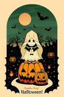 Halloween poster, greeting, invitation with ghost and pumpkins on the cemetery, with moon and bats on a background, invitation to a Costume Halloween party. vector