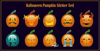 Halloween Pumpkin sticker set with Jack O Lantern emoticon, pumpkin characters, smiles showing different emotions. vector