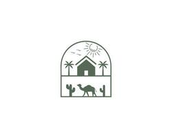 Farm house with camel vintage logo design and palm tree line style vector icon.