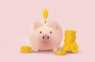 3d Piggy bank  with coin for banking, finance, economy, investment concept. vector icon. isolated on pink background.