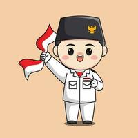 Indonesia independencia día bandera levantador masculino personaje chibi kawaii plano dibujos animados ilustración vector