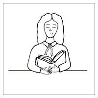 Girl reads book. Hand-drawn doodle schoolgirl reading a textbook. Vector, editable, isolated on white. vector