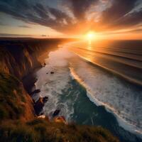 view of the beach with high cliffs in the afternoon with a beautiful sunset photo