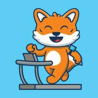 Cute fox running on the treadmill cartoon vector illustration isolated