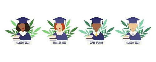 Graduation day. Set of student and books. Lettering class of 2023. Flat style male and female. vector