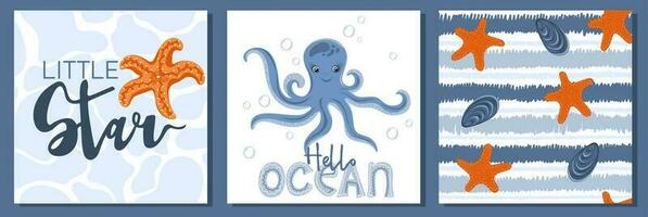 Hello ocean. Sea cards and posters collection. Hand drawn doodle octopus and starfishes vector