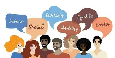 Group of people multi ethnic races with chat bubbles. Diversity and inclusion concept vector