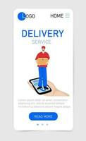 Delivery service web app vertical template. Delivery courier man holding Parcel Box with mobile phone. Fast online delivery service vector