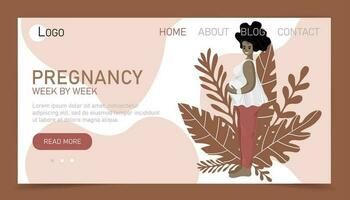 Pregnancy week by week landing page or website template. Woman character expecting baby glowing with anticipation and blissful excitement vector