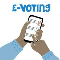 E voting. Human hands holding  smartphone with vote checklist. Electronic voting concept. vector