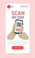 Scan qr code. Web app vertical template. Qr code payment, verification, online shopping, cashless technology concept vector
