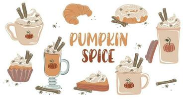 calabaza especia. conjunto de otoño calabazas bebidas y postres mollete, rosquilla, tarta, cuerno y latté con azotado crema y canela para otoño diseño vector