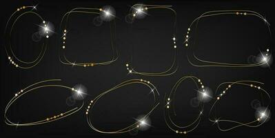 Set of golden hand drawn frames with dots. Luxury shiny glowing shape borders vector