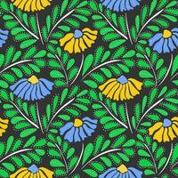 Seamless pattern with colorful retro groovy yellow and blue daisies on black. Summer textured abstract floral design in naive art style. 60s vintage style plants vector