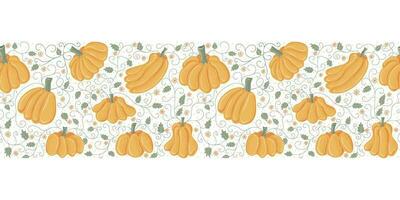 Vector horizontal seamless pattern with ripe pumpkins, twigs, leaves and flowers. Seasonal fall banner design for greeting or promotion