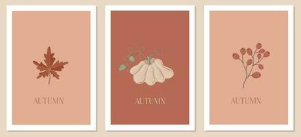 de moda minimalista plantillas con hoja, baya y calabaza. bueno para póster, tarjeta, invitación, volantes y otro gráfico diseño vector