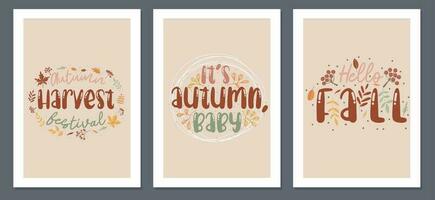 Trendy Autumn templates with leaves, berries and modern typography. Good for poster, card, invitation, flyer, cover, banner, placard, brochure and other graphic design vector