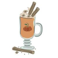 Pumpkin spice latte coffee mug for autumn menu or greeting card design. Seasonal hot drink with foam, cream, cinnamon vector