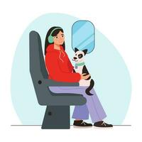 mujer en auriculares con un perro se sienta en un avión o tren. de viaje. vector gráfico.