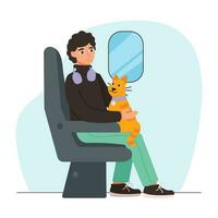 hombre con auriculares y un gato se sienta en un avión o tren. de viaje. vector gráfico.