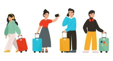 Set of illustrations of different people with suitcases at the airport or train station. Vector graphic.