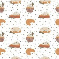 Seamless pattern with pumpkin pies, muffins, donuts and croissants. Sweet autumn desserts. vector