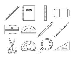 School supplies vector illustration set, back to school, pencil, book, ruler, eraser. Flat design outline