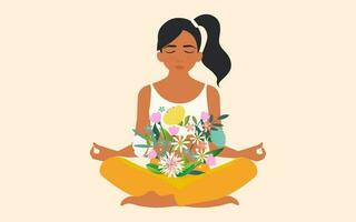 un mujer se sienta cruzar patas y medita meditación y yoga. contento De las mujeres día saludo tarjeta para primavera día festivo. vector. vector