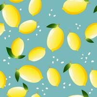 Lemons with green leaves on a blue background. Seamless modern pattern with tropical citrus fruits for textile. Vector. vector